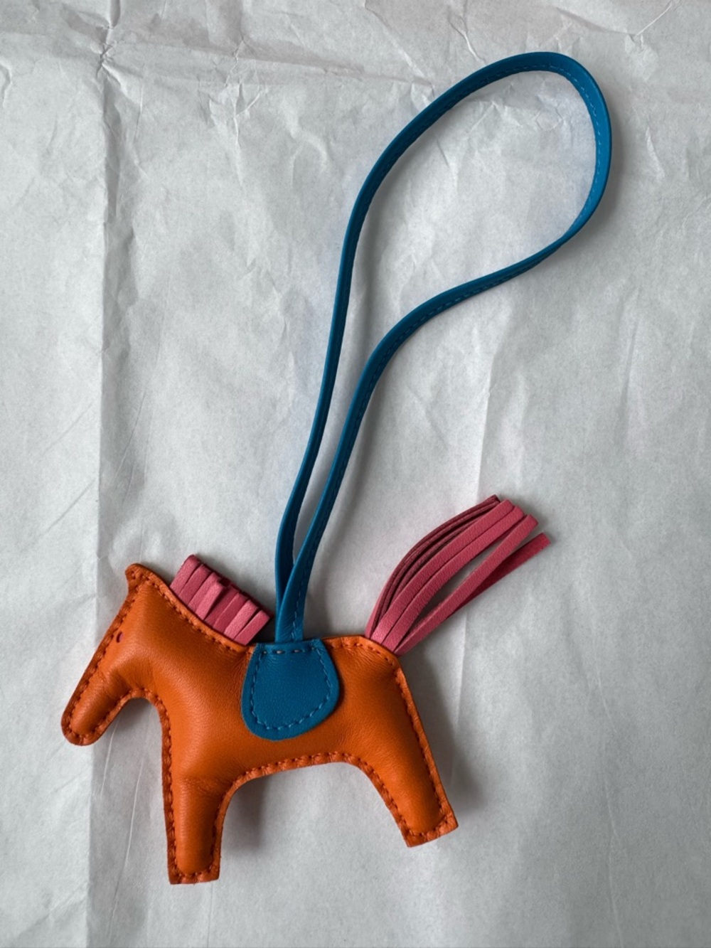 Hermes Orange Leather Rodeo Horse Bag Charm with Blue and Pink Accents